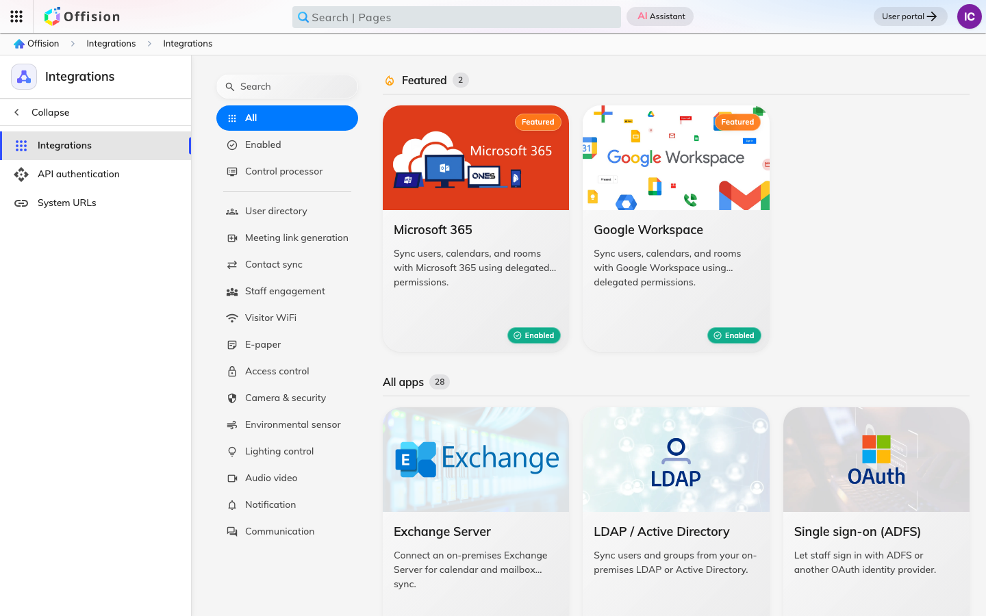 The Marketplace in the admin console, listing the apps Offision connects to.