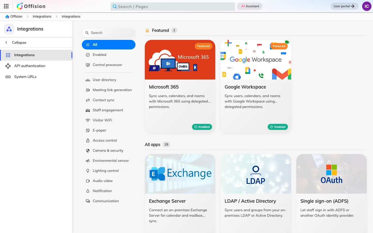 The Marketplace in the admin console, listing the apps Offision connects to.