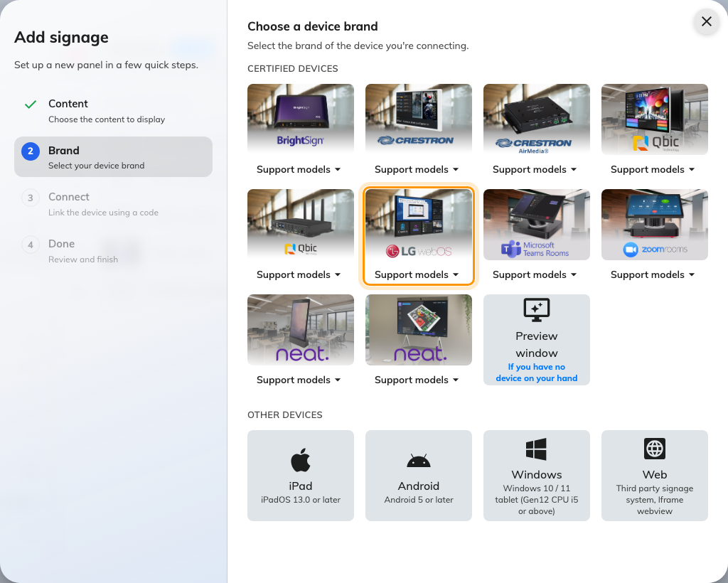 LG web OS devices, in the certified devices grid.