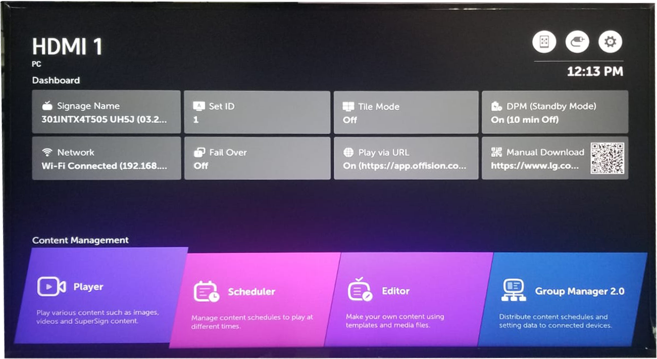 The signage dashboard. Network reports what the display is on; Play via URL is the tile you set next.