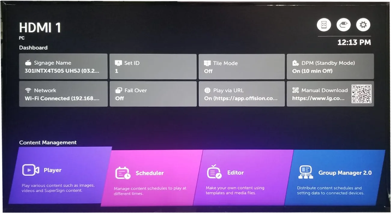 The signage dashboard. Network reports what the display is on; Play via URL is the tile you set next.