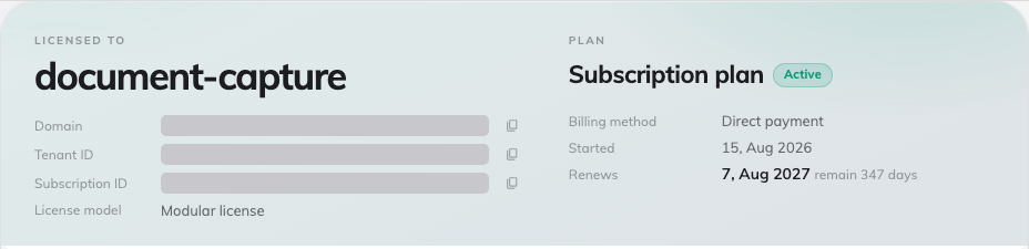 Subscriptions — licensed-to header, plan terms and the licence ledger.