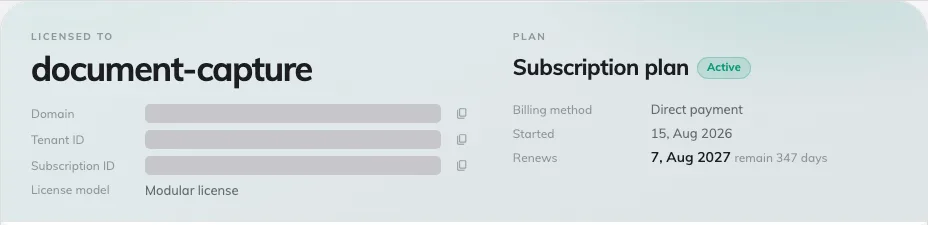 Subscriptions — licensed-to header, plan terms and the licence ledger.