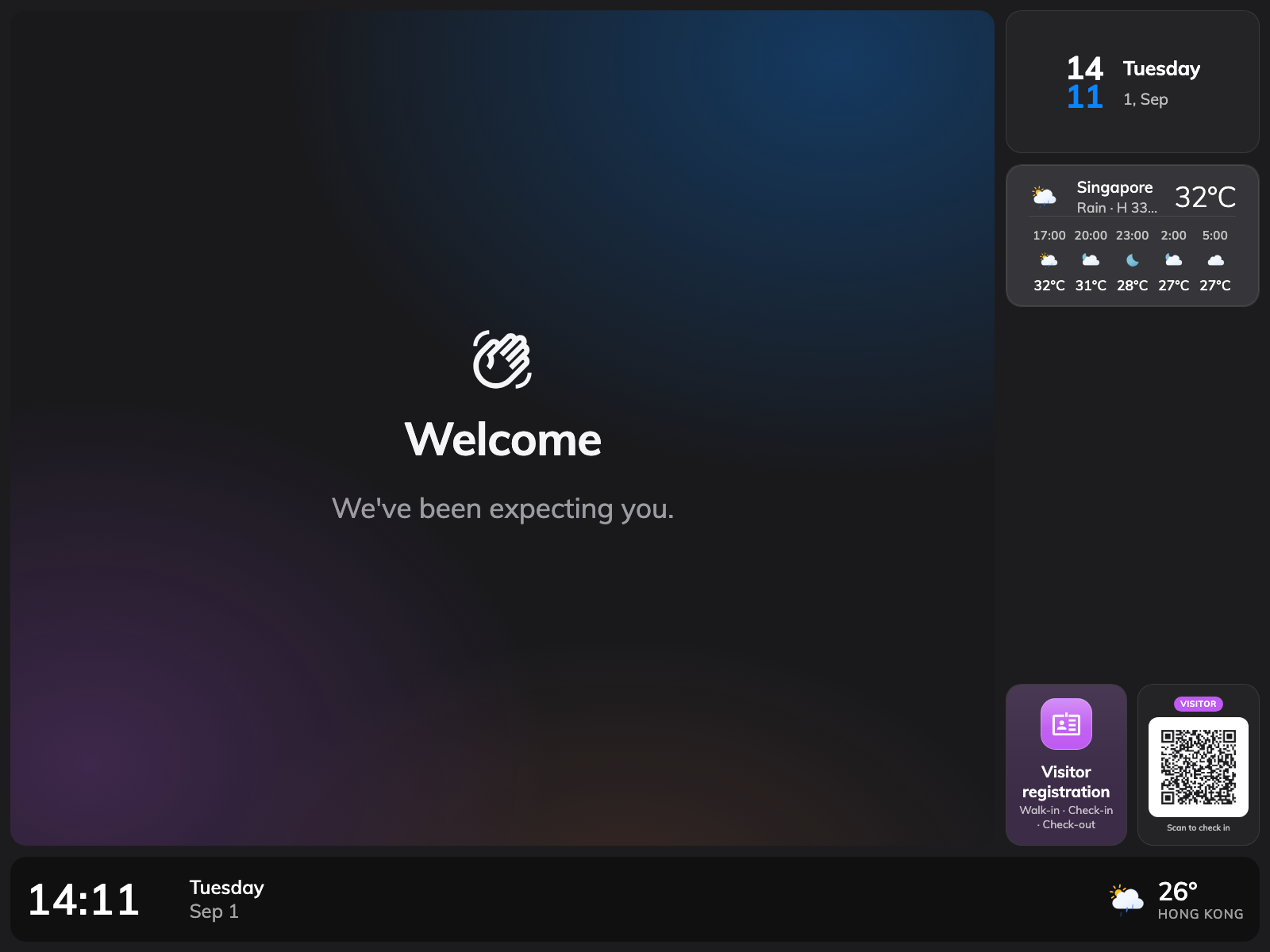 The finished screen between guests: the company welcome, with the walk-in code beside it.