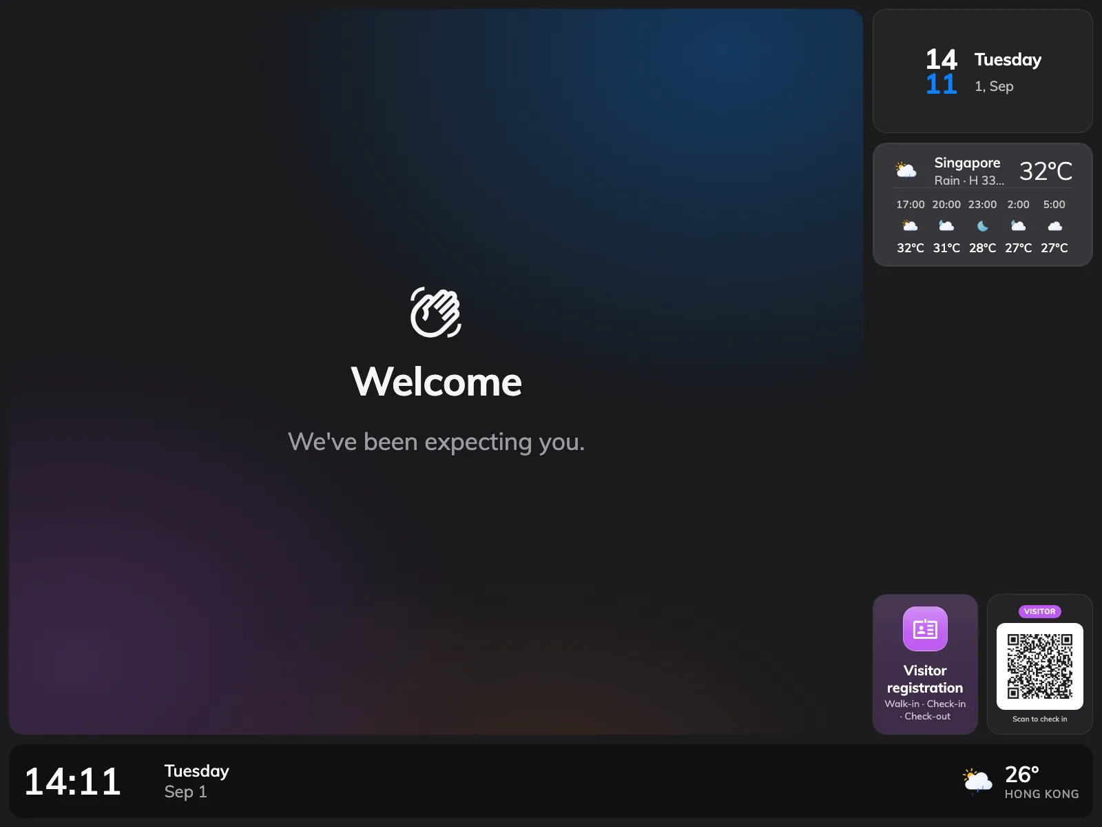 The finished screen between guests: the company welcome, with the walk-in code beside it.