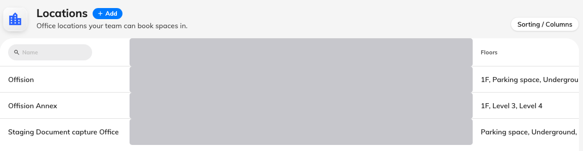 Locations as a campus administrator sees it — their own buildings and the one above them. The other region's building is not in the list. The address column is redacted here, not empty.
