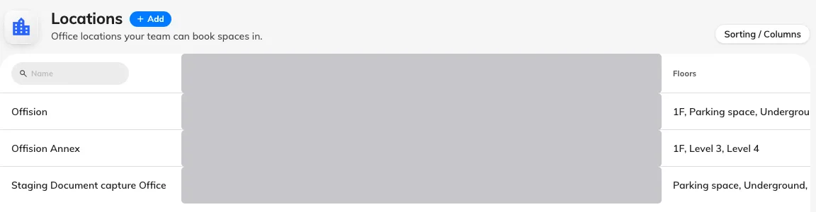Locations as a campus administrator sees it — their own buildings and the one above them. The other region's building is not in the list. The address column is redacted here, not empty.