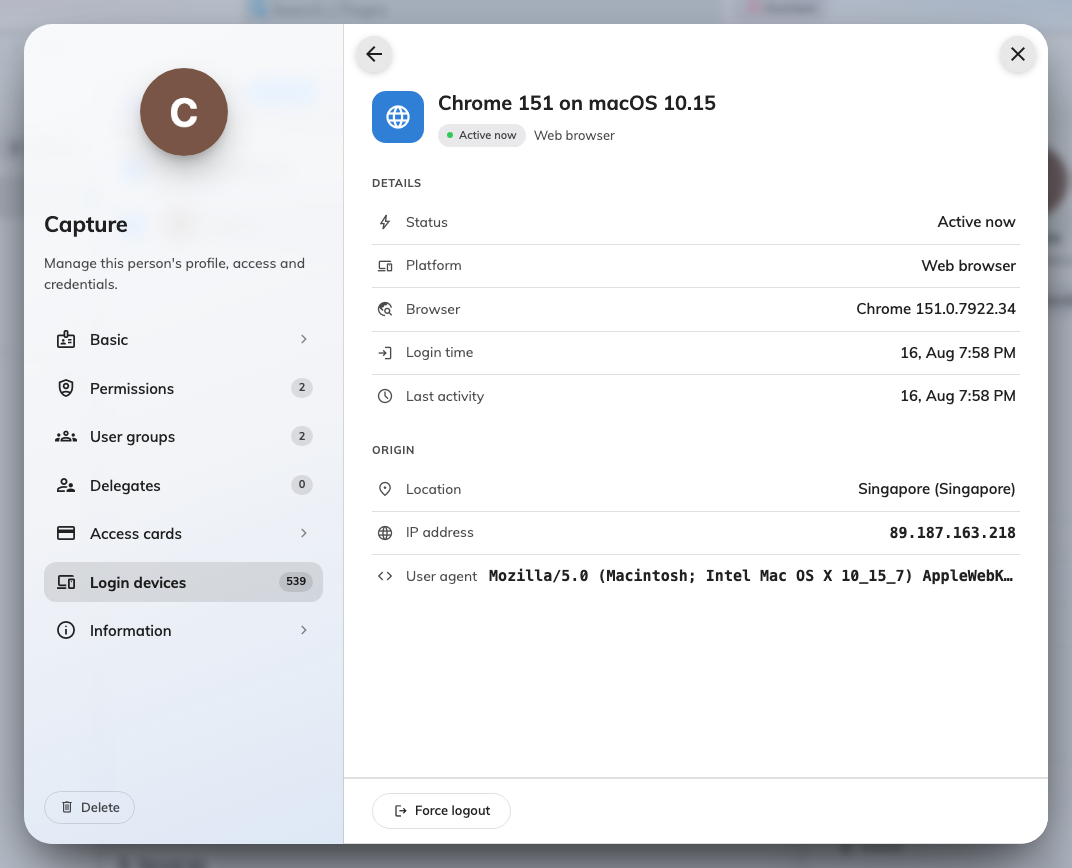 One device in full: platform, browser, sign-in time, last activity, origin.