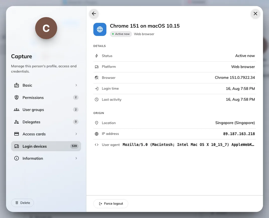 One device in full: platform, browser, sign-in time, last activity, origin.