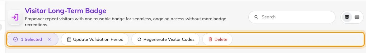 Selecting rows swaps Create and Import for the badge actions, Disable and Delete among them.