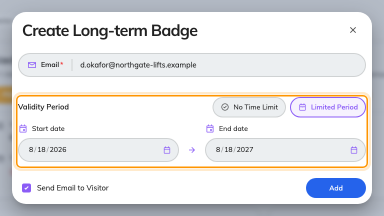 Create Long-term Badge, on Limited Period. No Time Limit hides the date range.