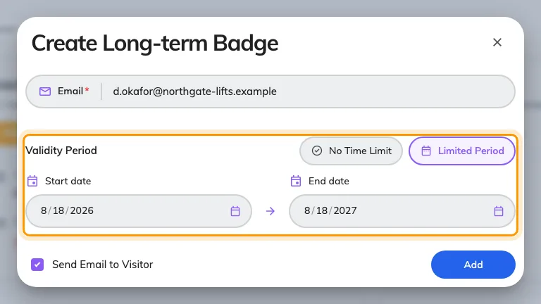 Create Long-term Badge, on Limited Period. No Time Limit hides the date range.
