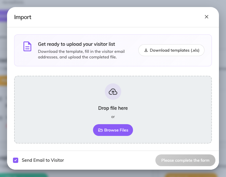 The import dialog, with the template download.