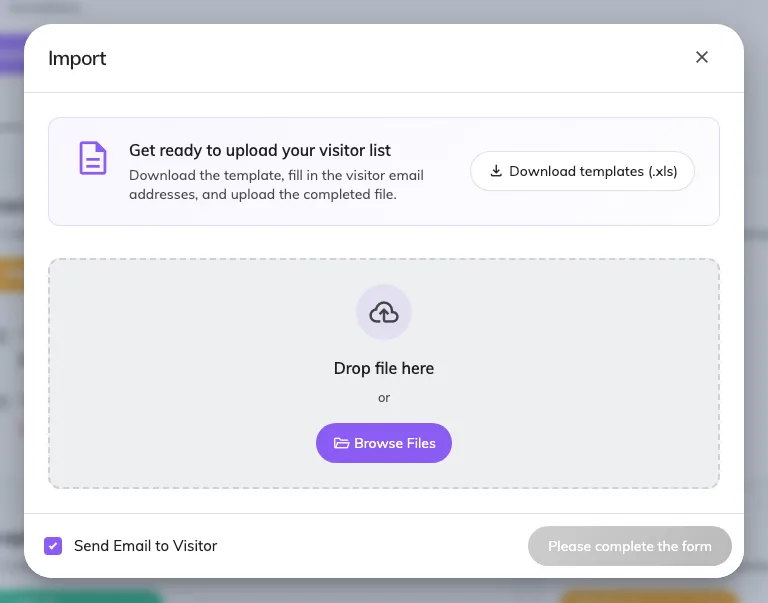 The import dialog, with the template download.