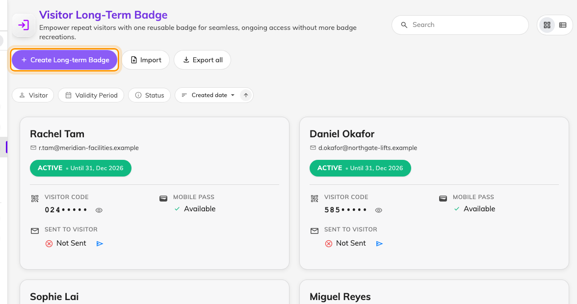 The long-term badge list, with Create Long-term Badge beside Import.