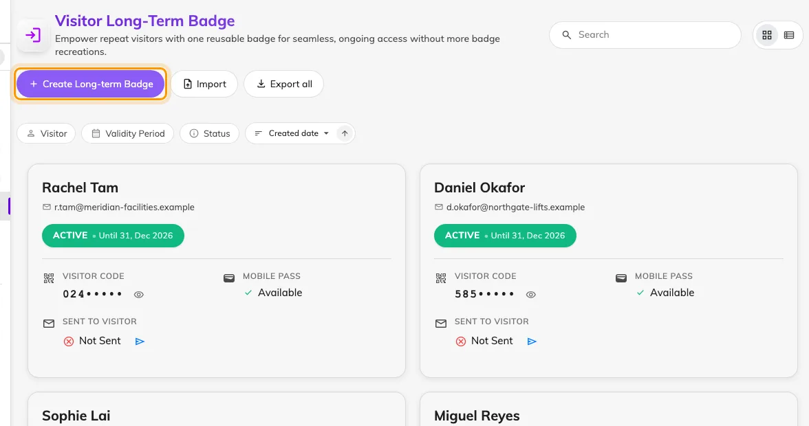 The long-term badge list, with Create Long-term Badge beside Import.