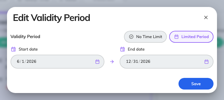 Edit Validity Period, applied to every badge selected. No Time Limit removes the dates again.