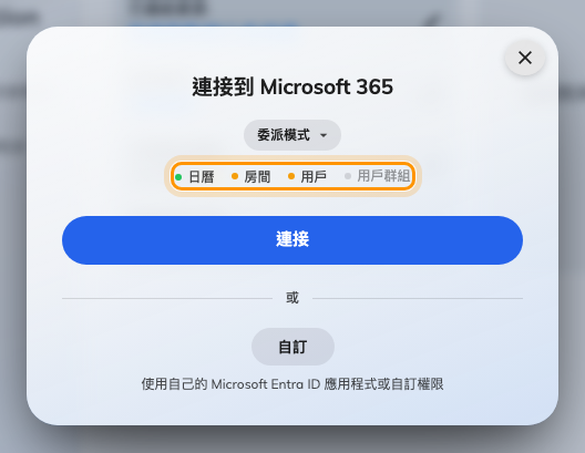 委派模式：日曆會同步，其餘都要手動。