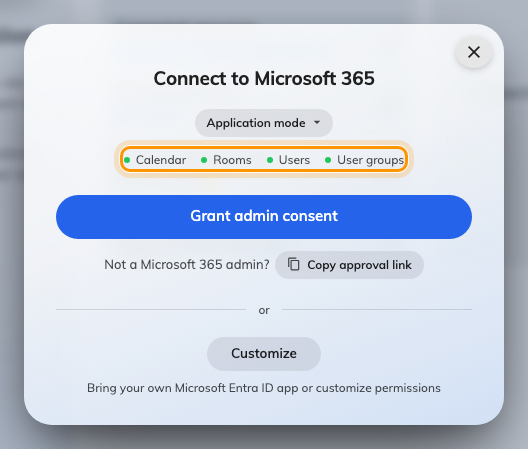 The connect dialog, on application mode, with the four sync lights.