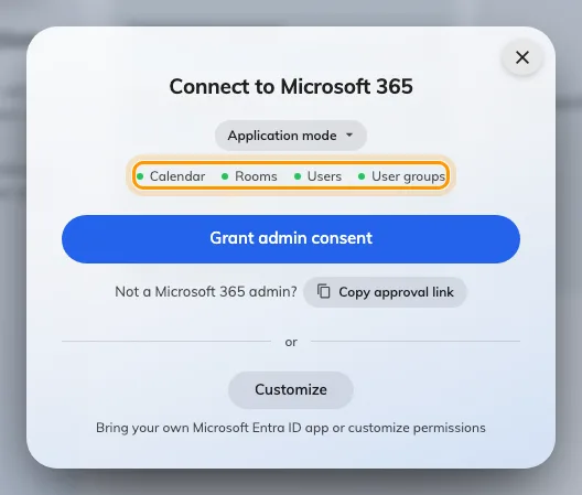The connect dialog, on application mode, with the four sync lights.
