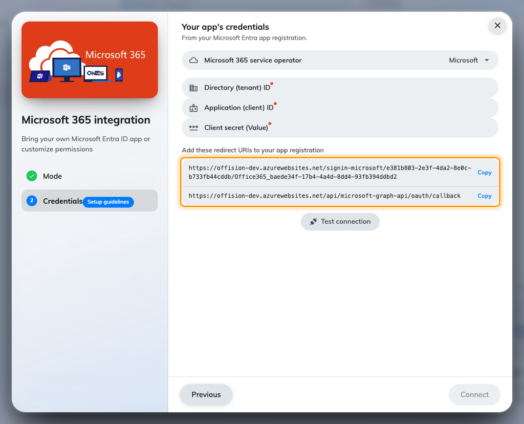 The credentials step, with the redirect URIs to add in Entra ID.