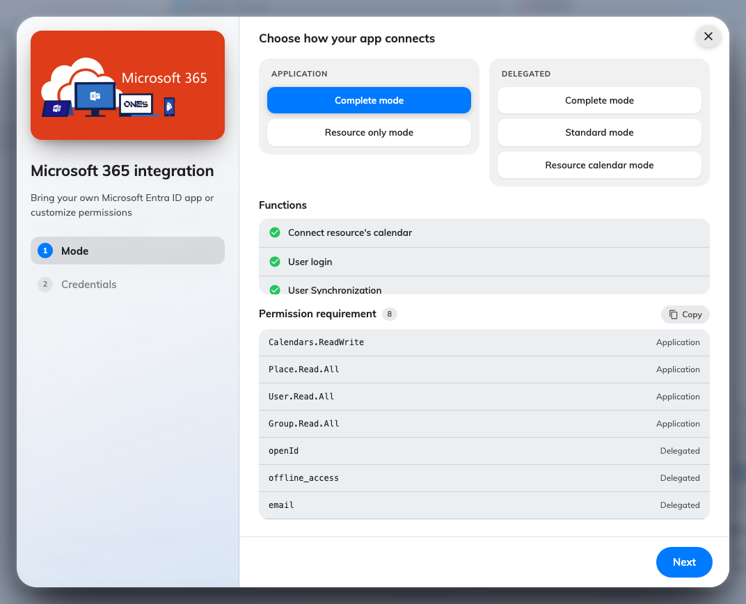 The mode step, with its function list and required permissions.
