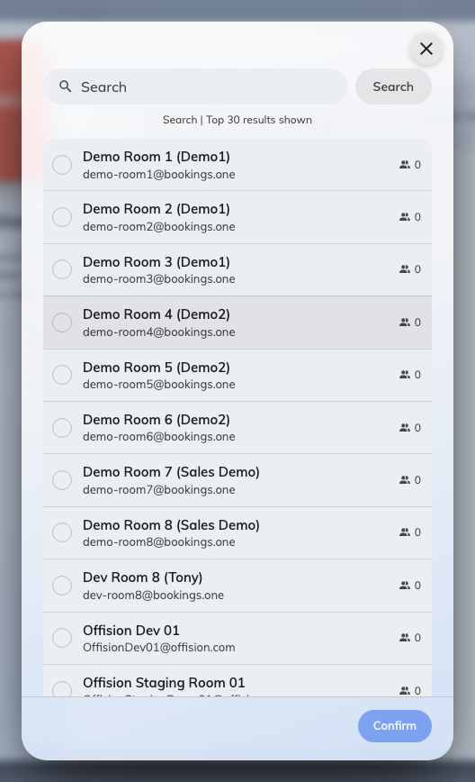 The room picker, listing rooms from the directory with their capacity.