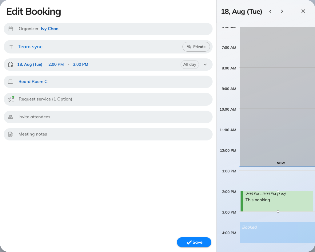 After confirming the drag: the booking form, with the new room and time already in it.