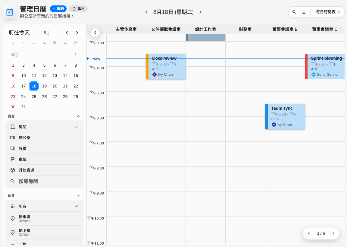 每日時間表下的管理日曆：每項資源一欄，上面是所有人的預約。