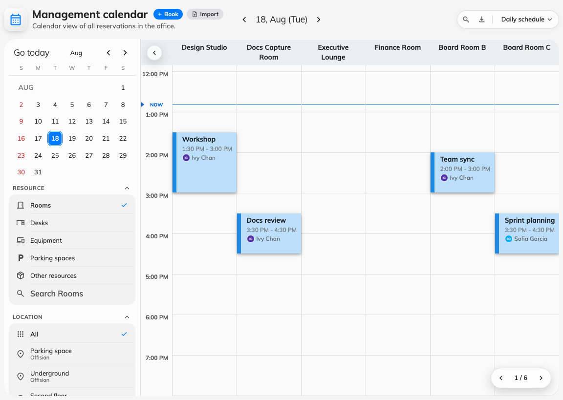 The management calendar on Daily schedule: a column per resource, everybody's bookings on it.