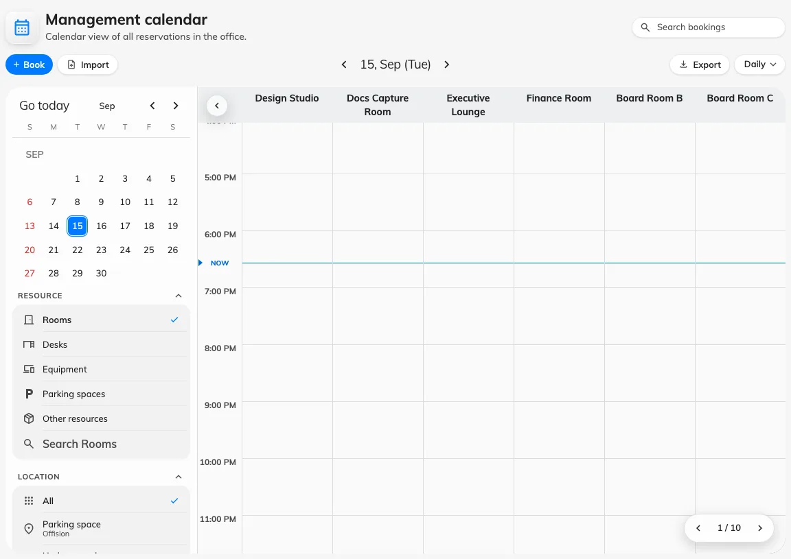 The management calendar on Daily schedule: a column per resource, everybody's bookings on it.