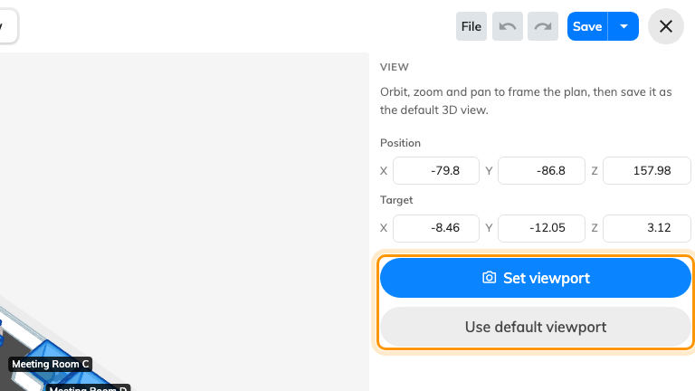 Set viewport saves the camera; Use default viewport clears it.