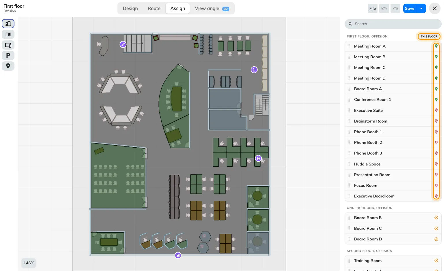 The assign panel: a badge marks what already has a place on this floor, and a status icon each resource.