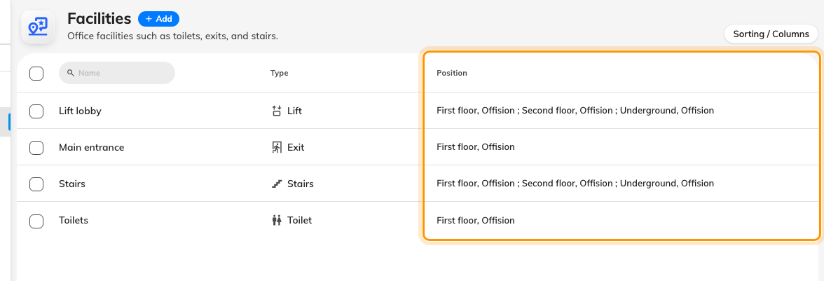The Position column is the check: a lift or stairwell lists every floor it serves.