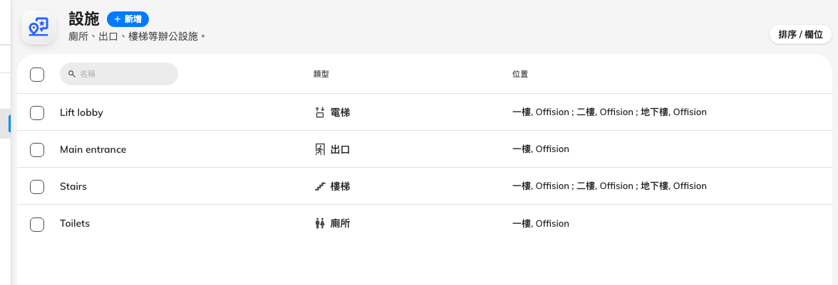 一列一個設施。類型決定人們看到的圖示。