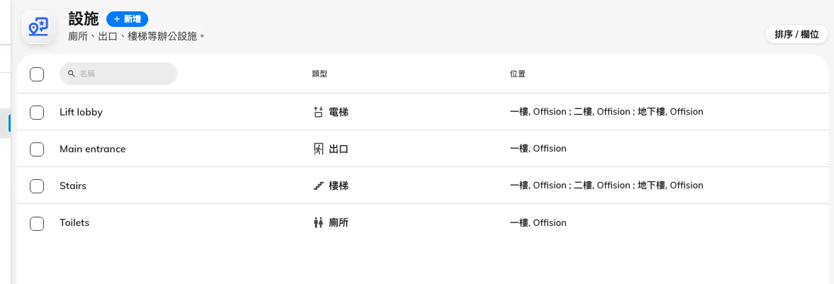 一列一個設施。類型決定人們看到的圖示。