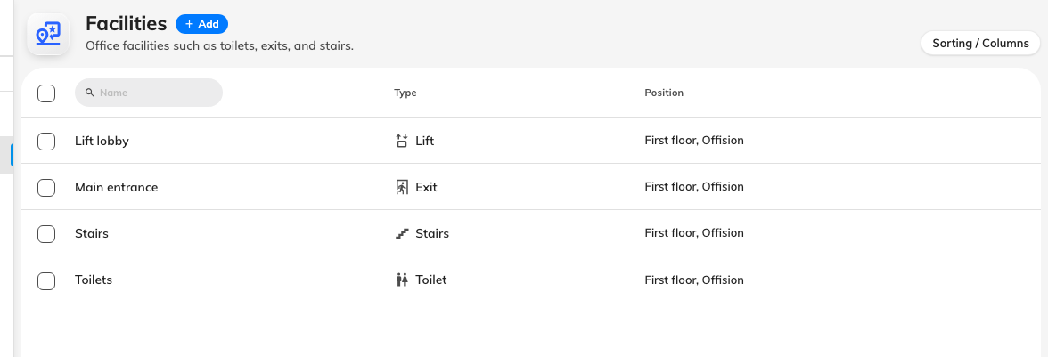 One row per facility. The type decides the icon people see.