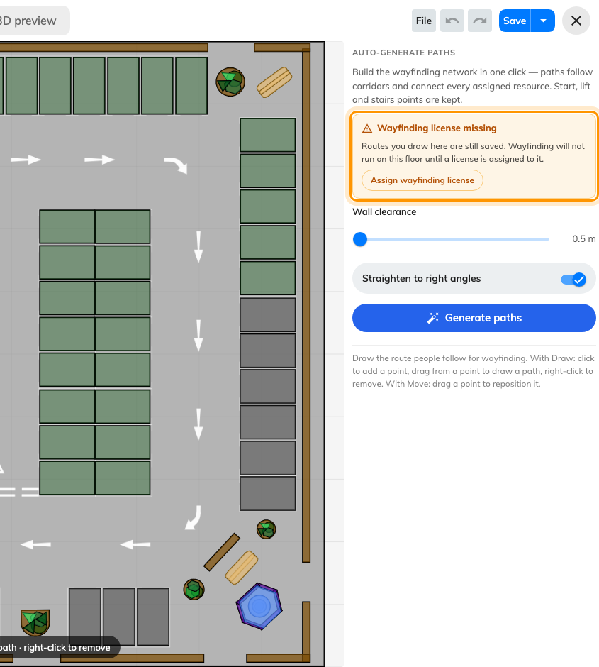 Route mode on an unlicensed floor. The drawing is kept; only running is gated.