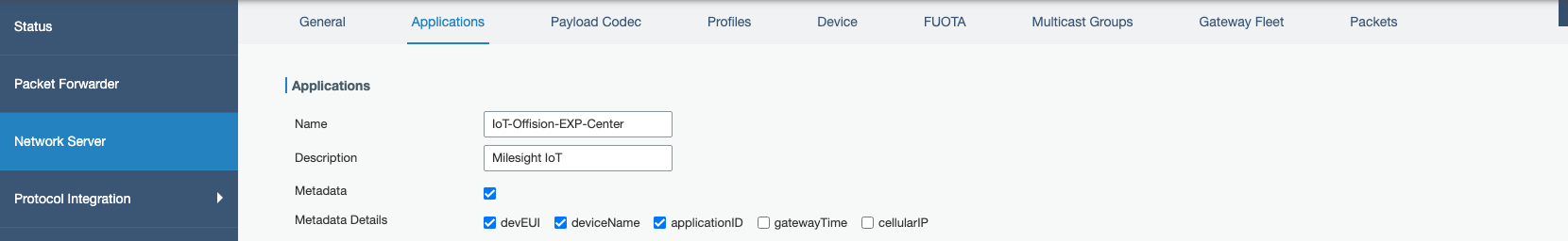 Network Server › Applications, with Metadata on and the three details ticked.