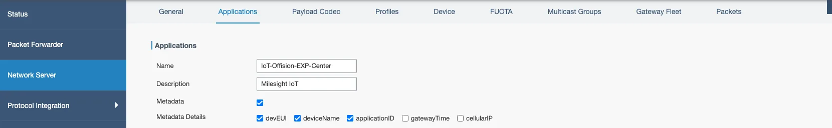 Network Server › Applications,Metadata 已開啟,三個細項都已勾選。