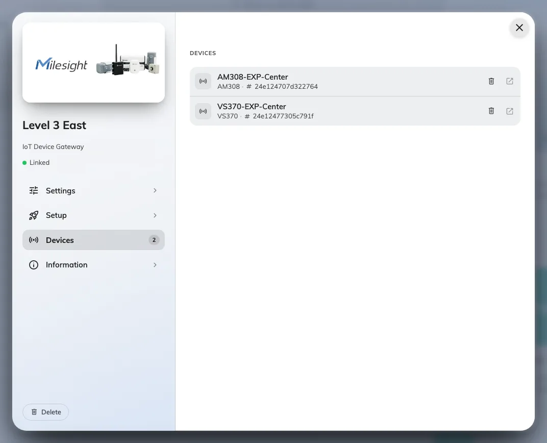 Sensors listed on their gateway, each named as the gateway names it.