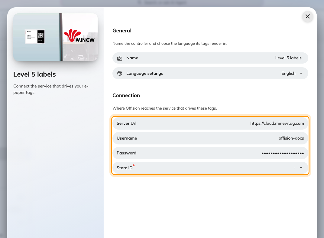 A new Minew controller: its name, the language its tags render in, and the connection to your Minew account.