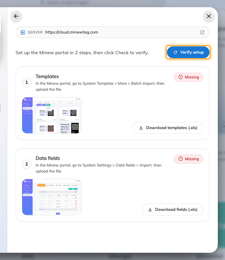 The two setup steps, each with its download and its status, and Verify setup above them.