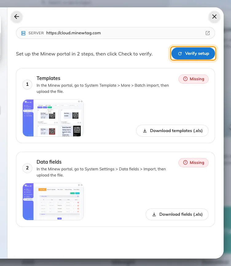 The two setup steps, each with its download and its status, and Verify setup above them.
