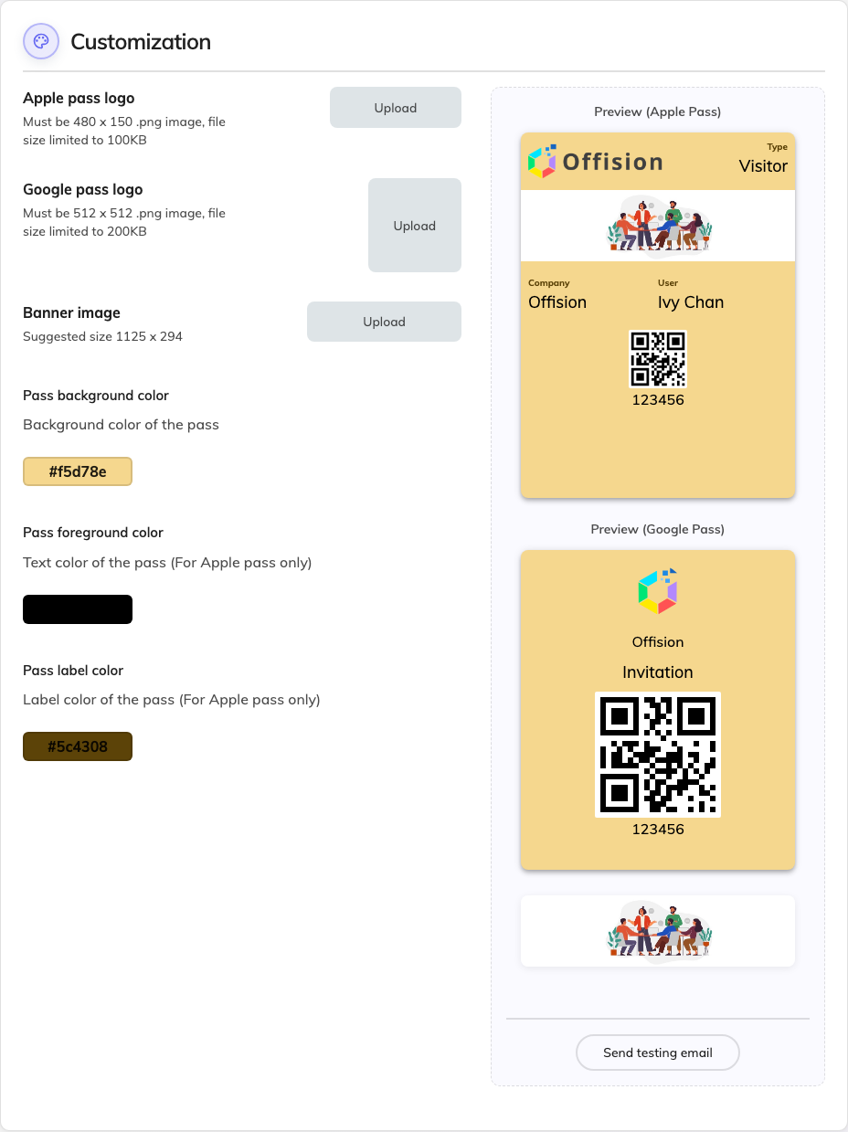 Customization: logos, banner and colours, with a live preview of both passes.