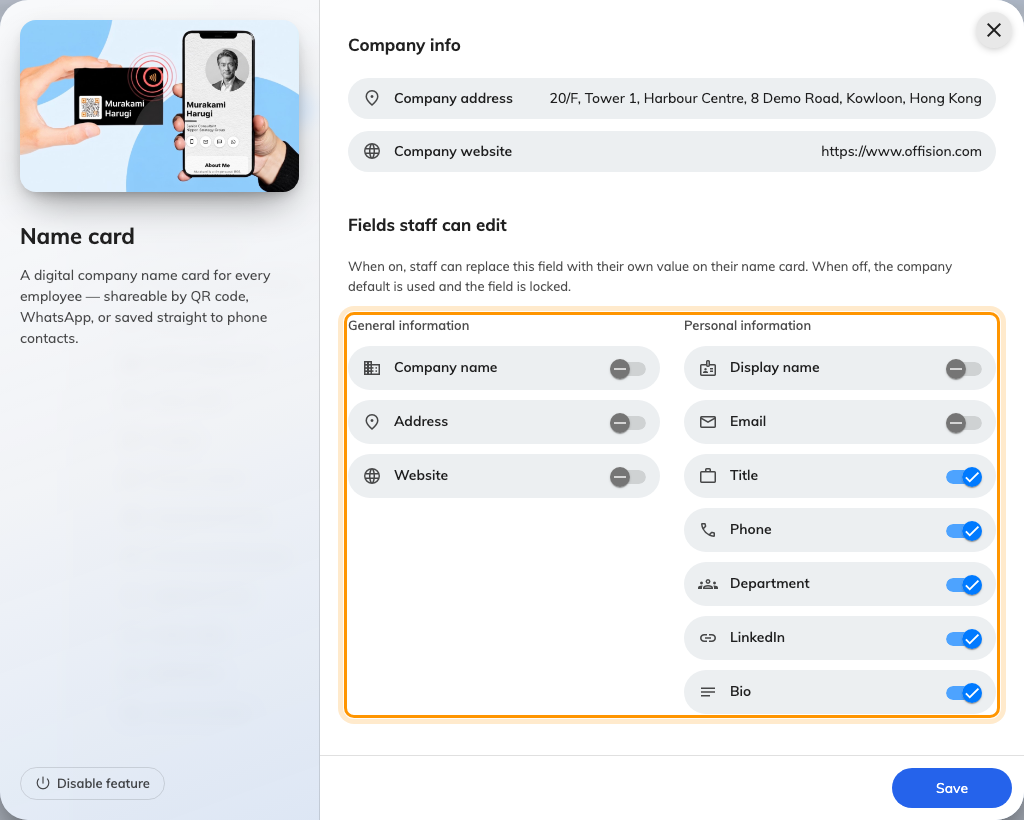 Fields staff can edit, with General information and Personal information side by side.