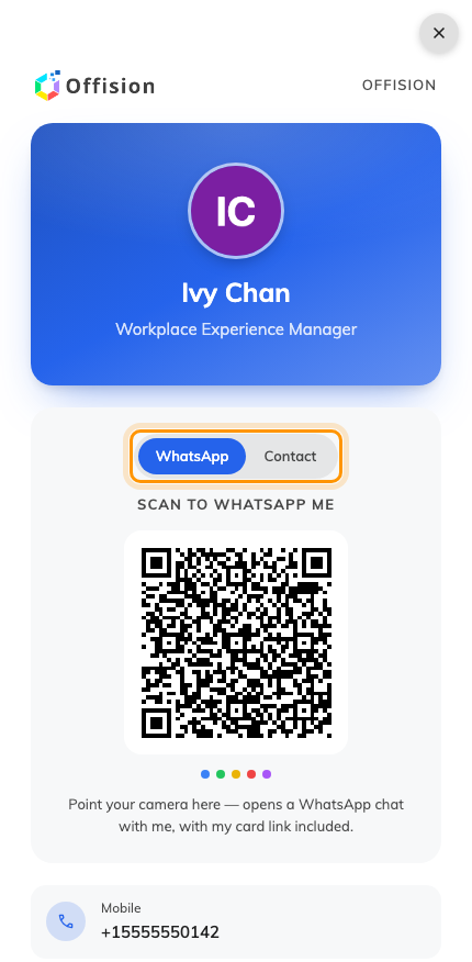 Your published card. The buttons above the QR pick what a scan does.