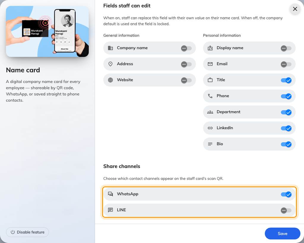 The share channels, with WhatsApp on and LINE off.
