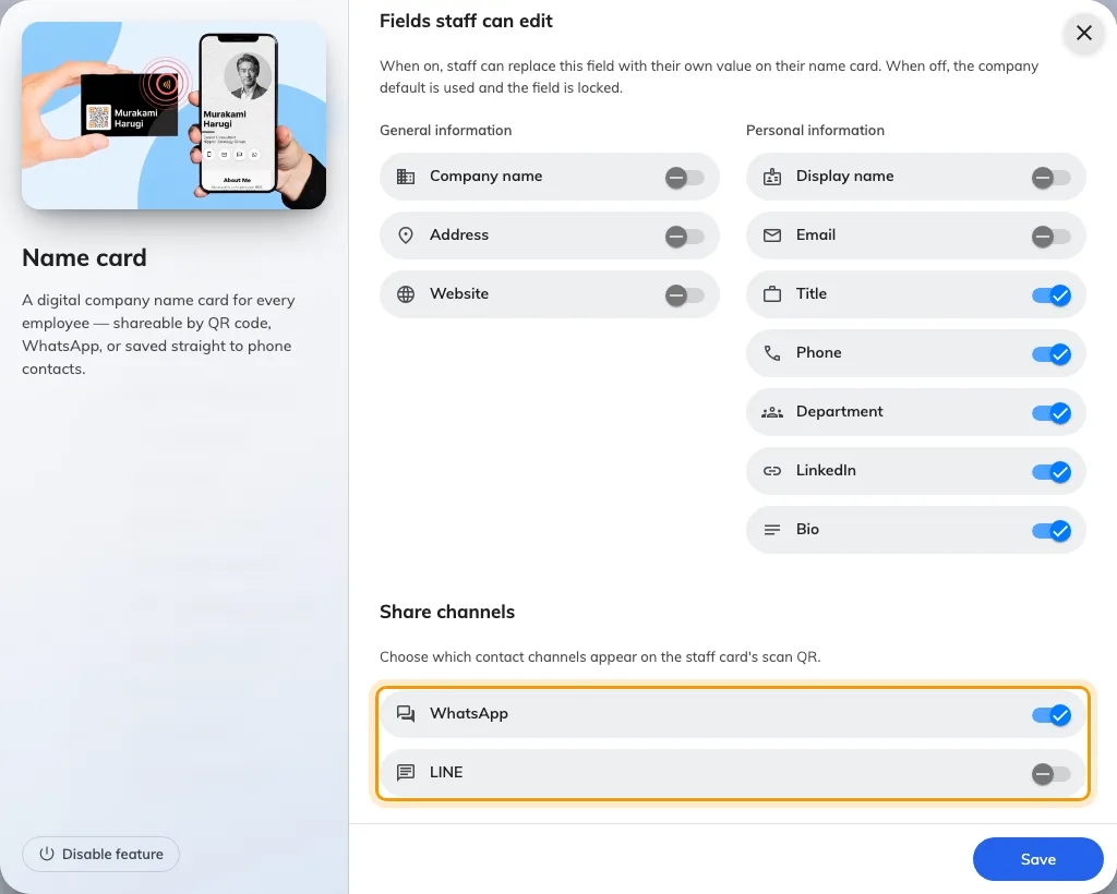 The share channels, with WhatsApp on and LINE off.