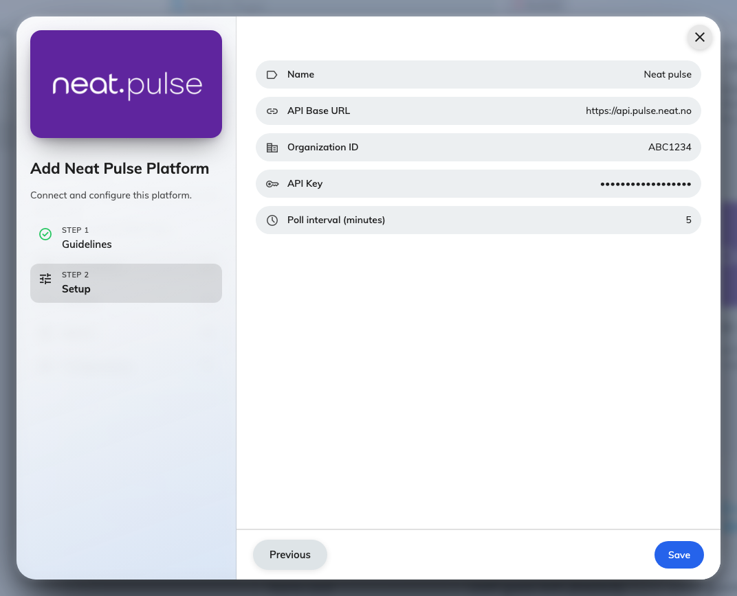 Add Neat Pulse Platform. The key field stays hidden as you paste.